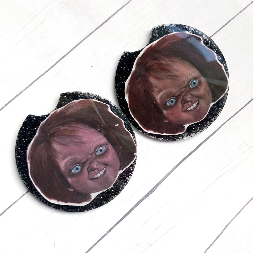 Chucky Childs Play Horror Handmade Glitter Resin Car Coaster Set